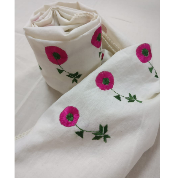 "Nabha Phulkari" offwhite cotton stole hand embroidered with Phulkari motifs on borders